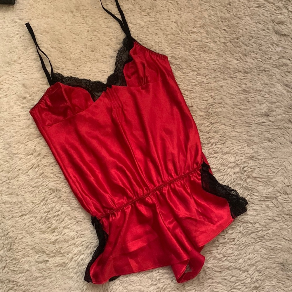 VINTAGE 90s Fredricks of Hollywood Red Blace Lace Trim Teddie